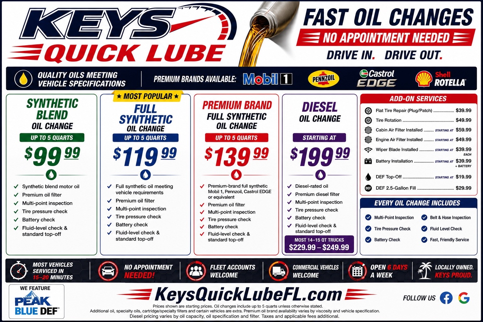 Keys Quick Lube full service and pricing menu board