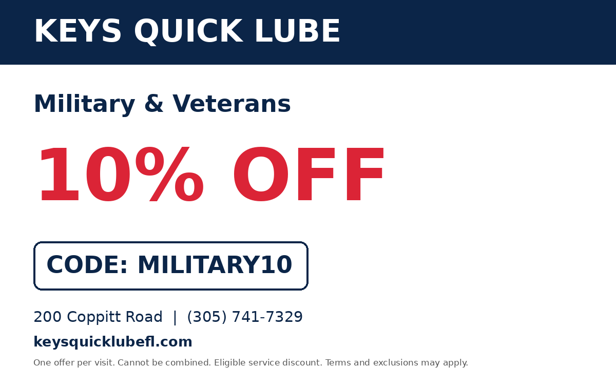 Keys Quick Lube Military & Veterans coupon 10% OFF, code MILITARY10