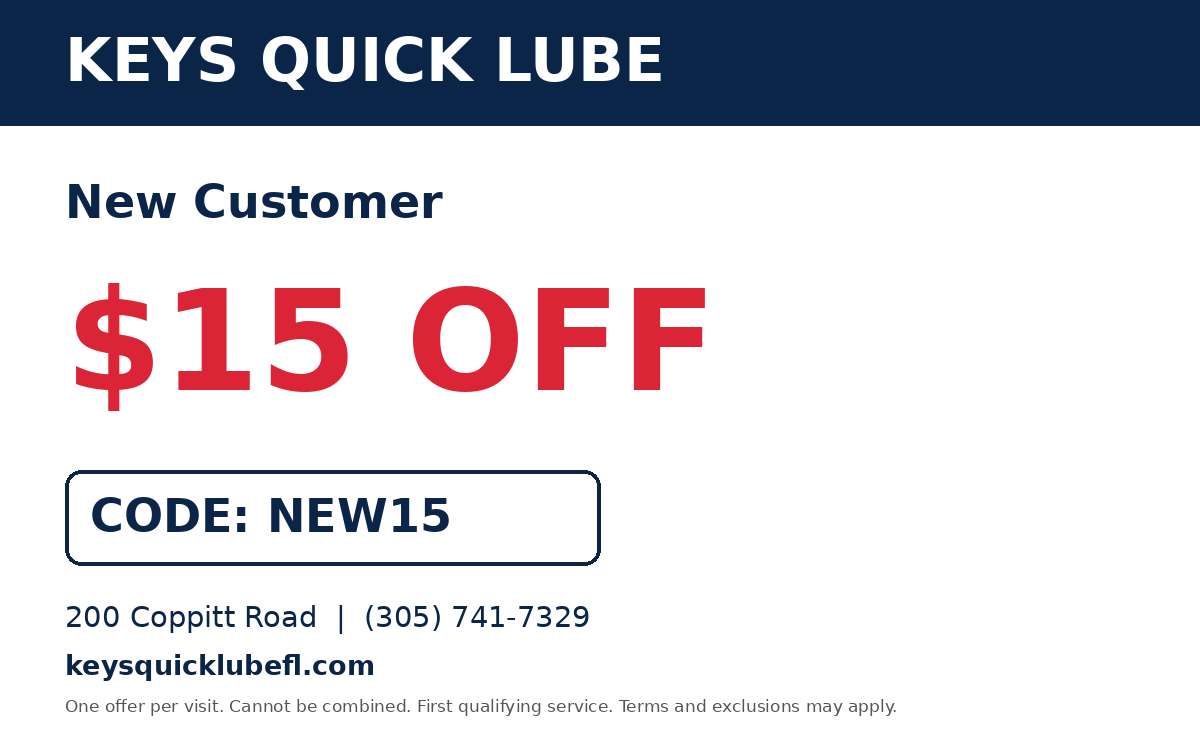 Keys Quick Lube New Customer coupon $15 OFF, code NEW15