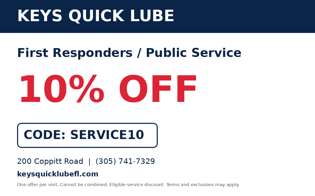 Keys Quick Lube First Responders / Public Service coupon 10% OFF, code SERVICE10