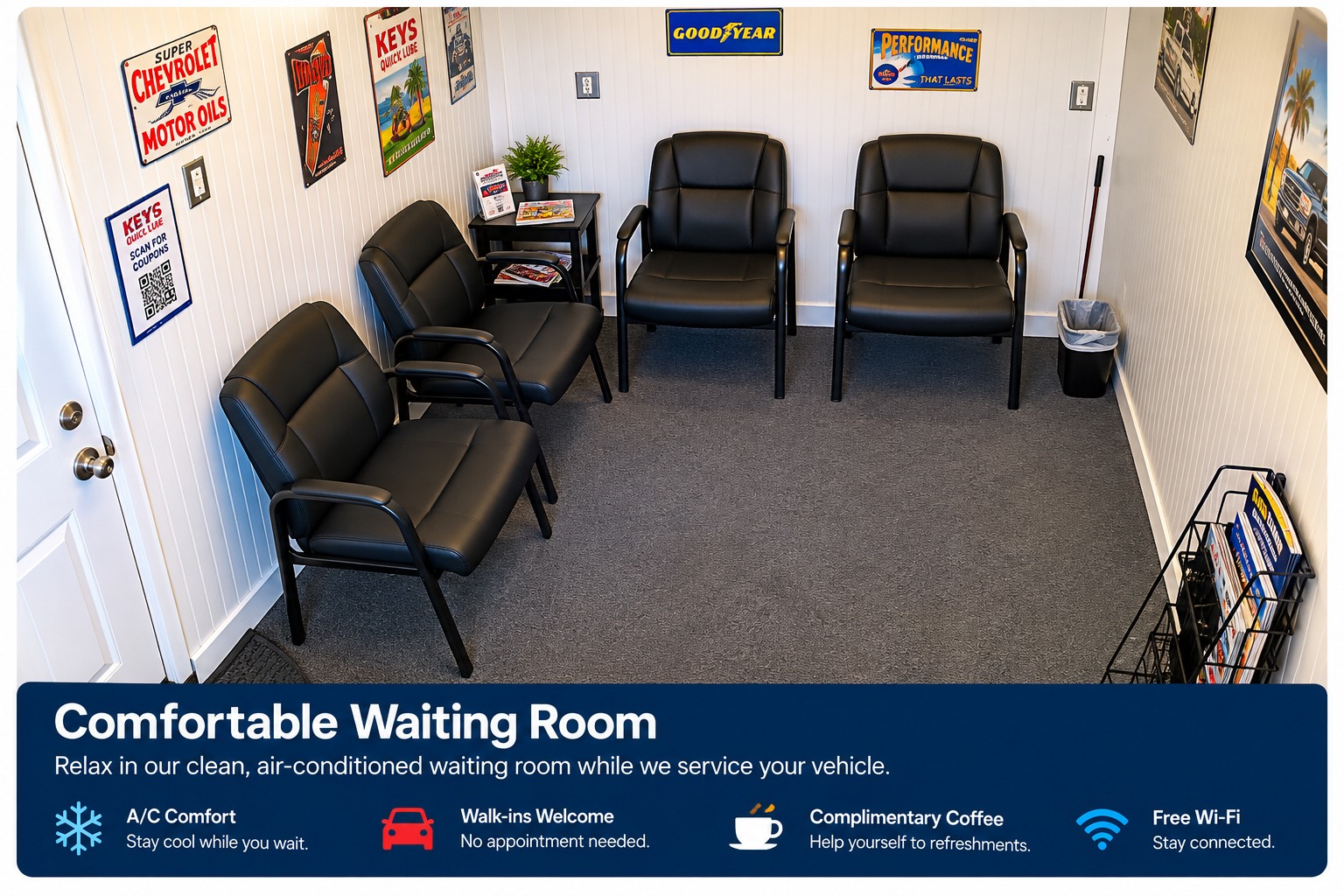 Customer seating in the Keys Quick Lube air-conditioned waiting room